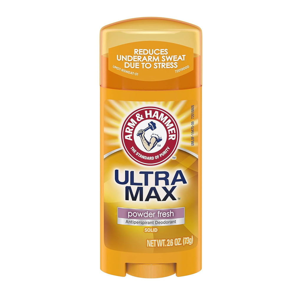 Arm & Hammer Ultra Max powder fresh antiperspirant deodorant stick in a 2.6 oz container, featuring a bright yellow and orange design with the brand's red logo.