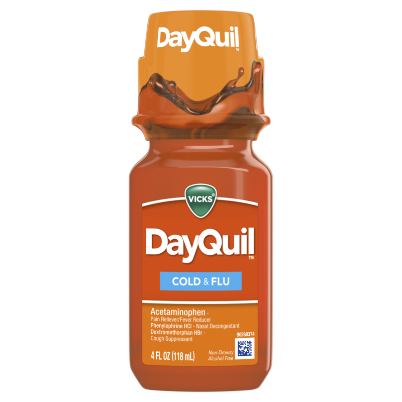 Vicks DayQuil Cold and Flu Medicine, 4 fl oz, Powerful Relief, CASE PK 16