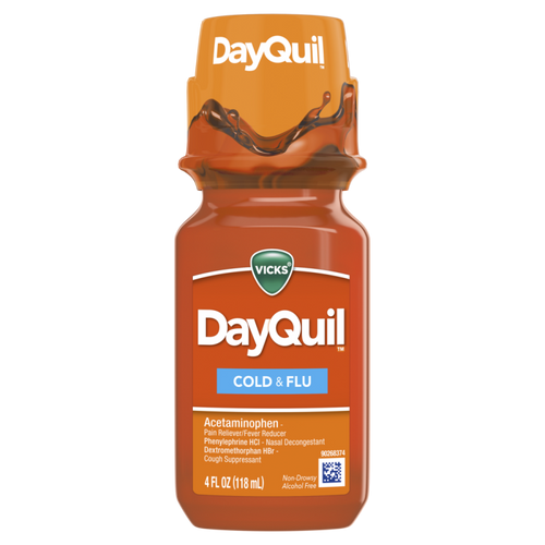 Vicks DayQuil Cold and Flu Medicine, 4 fl oz, Powerful Relief, CASE PK 16
