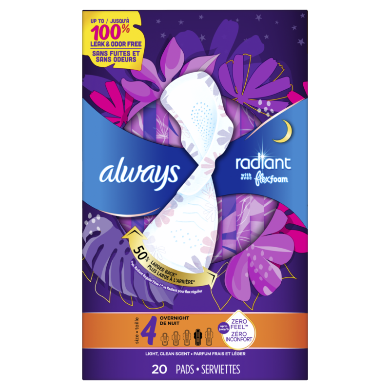 Always Radiant with FlexFoam Pads, Size 4, Overnight, W Wings, Light Clean Scent, 20 CT CASE PK 6