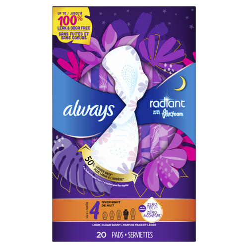 Always Radiant with FlexFoam Pads, Size 4, Overnight, W Wings, Light Clean Scent, 20 CT CASE PK 6