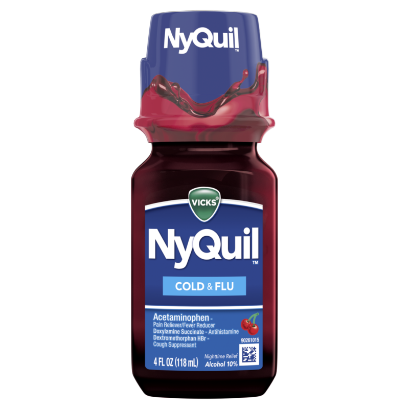 Vicks NyQuil Cold & Flu, 4 oz, Cherry Fl, Relieves Nighttime Cough CASE PK 16