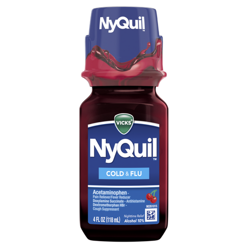 Vicks NyQuil Cold & Flu, 4 oz, Cherry Fl, Relieves Nighttime Cough CASE PK 16