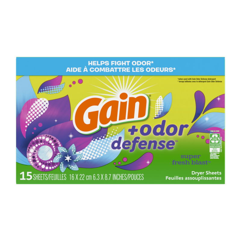 Gain + Odor Defense Dryer Sheets, Sheets, 15 count CASE PK 15