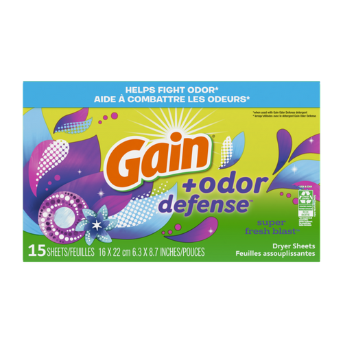 Gain + Odor Defense Dryer Sheets, Sheets, 15 count CASE PK 15