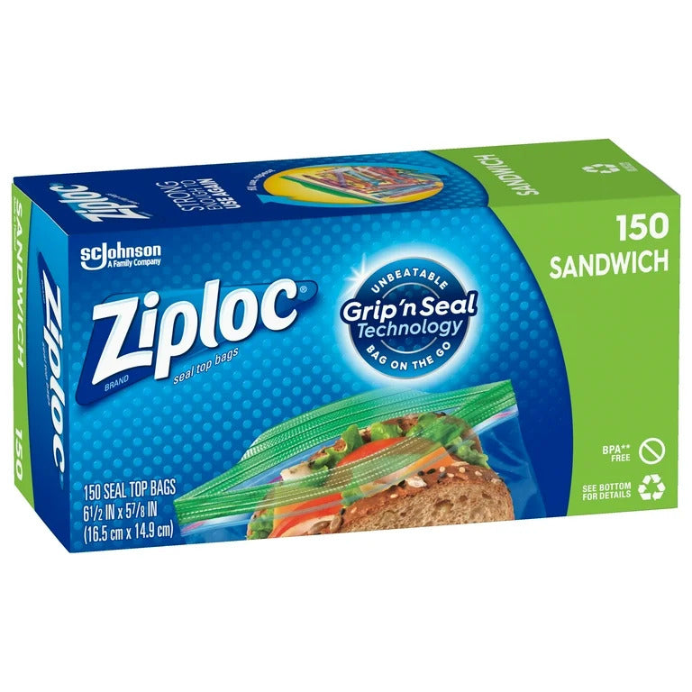 ZIPLOC SANWICH AND SNACK BAGS PLASTIC STORAGE 150CT CASE PK 9