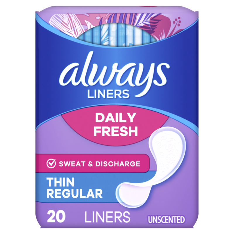 Always Daily Fresh Thin Liners, Regular Absorbency, Unscented Panty Liners, 20CT CASE PK 24