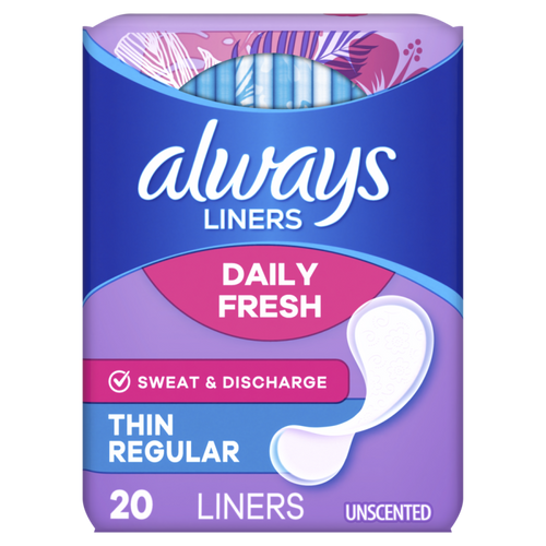 Always Daily Fresh Thin Liners, Regular Absorbency, Unscented Panty Liners, 20CT CASE PK 24