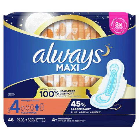 Always Maxi Overnight with Wings, Size 4,Unscented,48CT CASE PK 6