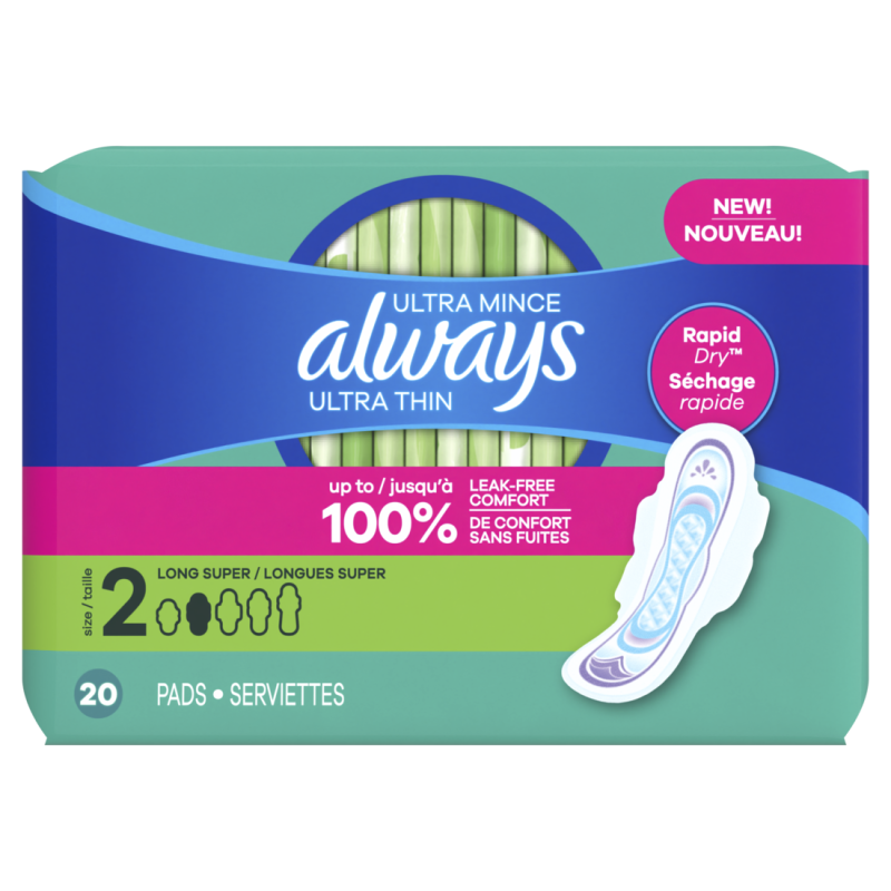 ALWAYS FEMININE PADS W/WINGS SIZE 2 SUPER ABSORBENCY UNCENTED 20CT CASE PK 12