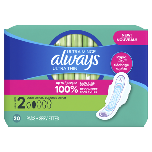 ALWAYS FEMININE PADS W/WINGS SIZE 2 SUPER ABSORBENCY UNCENTED 20CT CASE PK 12