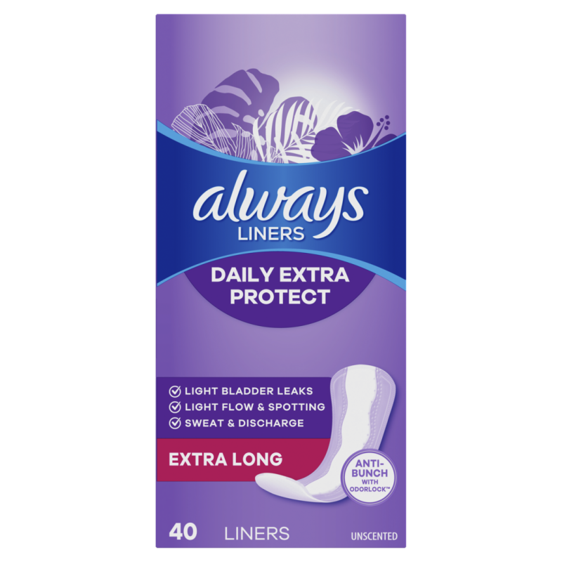 Always Daily Extra Long Length, Unscented Panty Liners, 40 Count CASE PK 6