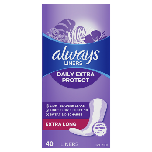 Always Daily Extra Long Length, Unscented Panty Liners, 40 Count CASE PK 6