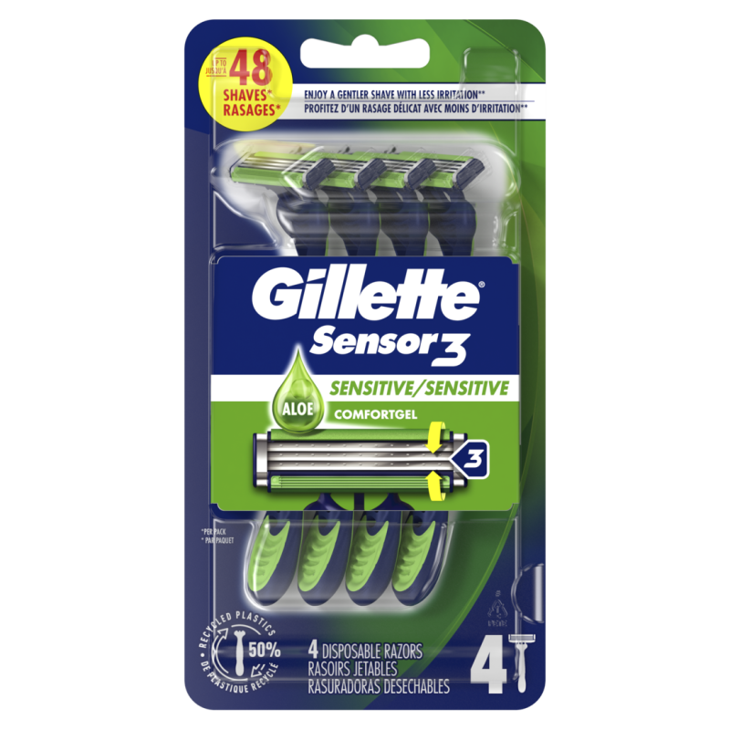 GILLETTE SENSOR3 DISPOSABLE RAZOR 4CT SENSITIVE, CASE PK 12