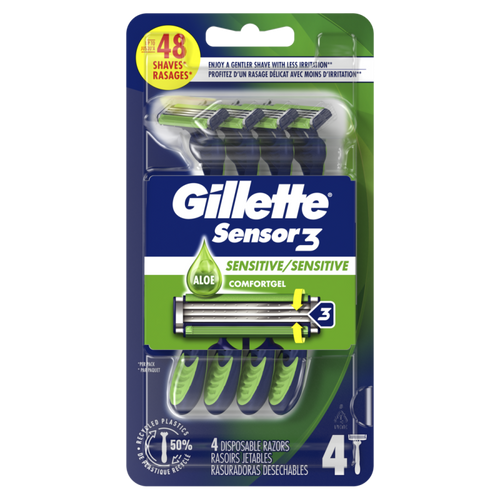 GILLETTE SENSOR3 DISPOSABLE RAZOR 4CT SENSITIVE, CASE PK 12
