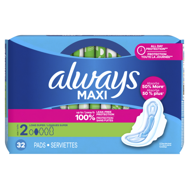 Always Maxi Feminine Pads with Wings, Size 2, Long Super Absorbency, Unscented 32CT CASE PK 6