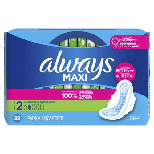 Always Maxi Feminine Pads with Wings, Size 2, Long Super Absorbency, Unscented 32CT CASE PK 6