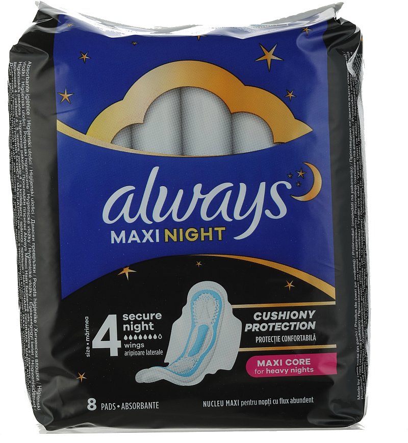 ALWAYS FEMININE PADS MAXI NIGHT SIZE 4 8CT CASE PK 16