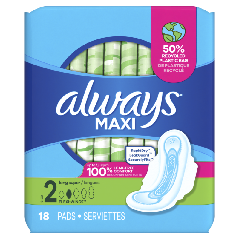 Always Maxi Daytime Pads with Wings, Size 2, Long, Unscented, 18 CT CASE PK 8