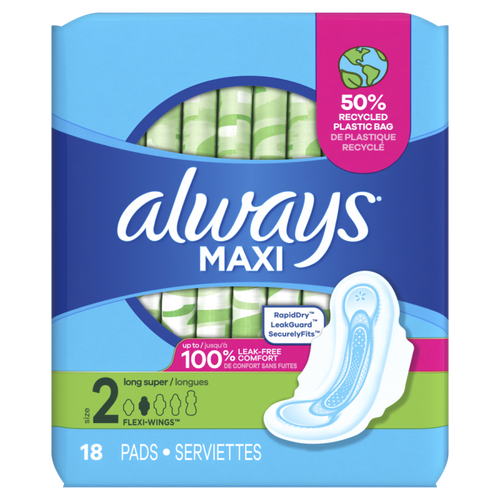 Always Maxi Daytime Pads with Wings, Size 2, Long, Unscented, 18 CT CASE PK 8