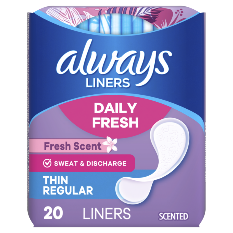 Always Daily Fresh Thin Liners, Regular Absorbency, Scented Panty Liners, 20CT CASE PK 24