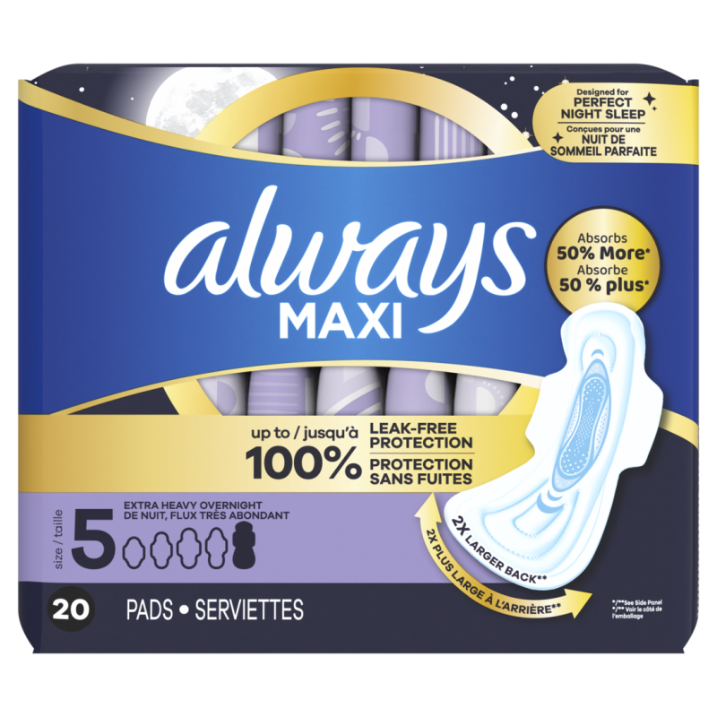 Always Maxi Pads Size 5 Extra Heavy Overnight Absorbency Unscented with Wings, 20 Count CASE PACK 6