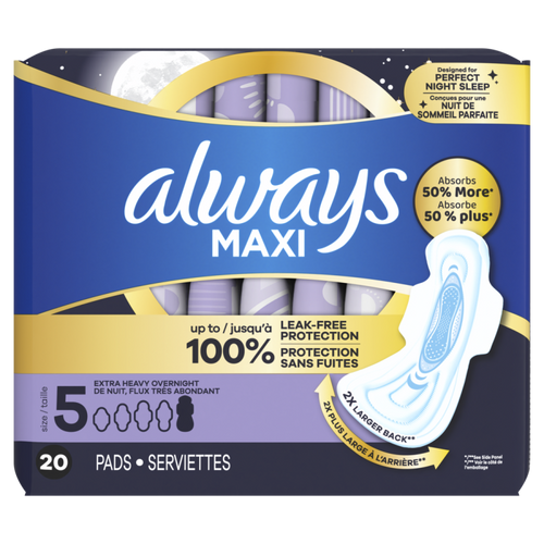 Always Maxi Pads Size 5 Extra Heavy Overnight Absorbency Unscented with Wings, 20 Count CASE PACK 6