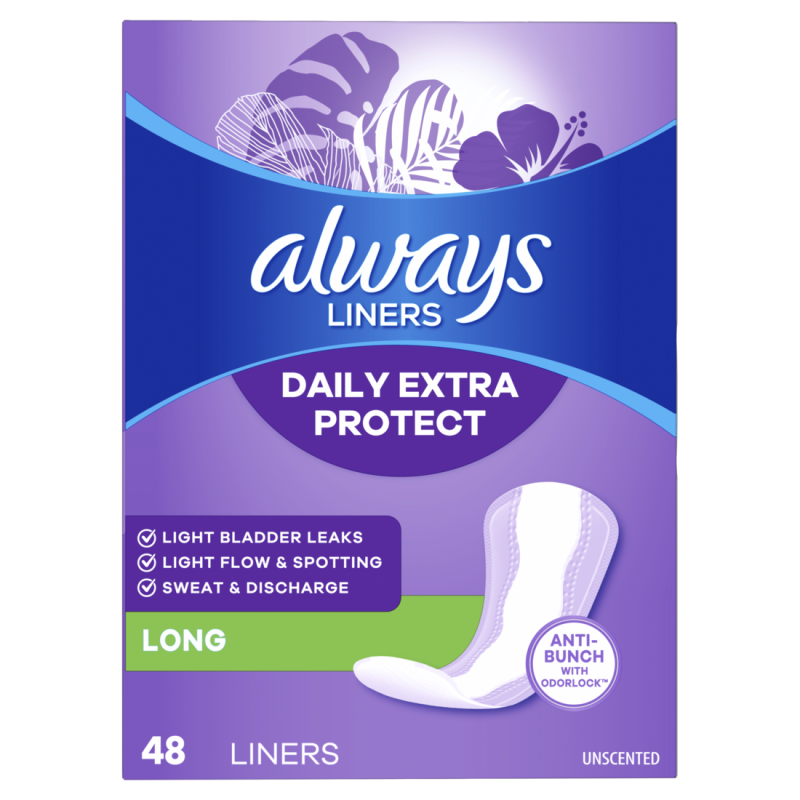 Always Daily Extra Protect Liners, Long Length, Unscented Panty Liners, 48 Count CASE PK 6
