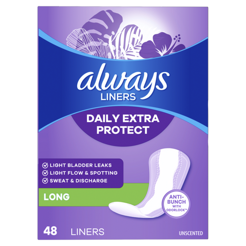 Always Daily Extra Protect Liners, Long Length, Unscented Panty Liners, 48 Count CASE PK 6