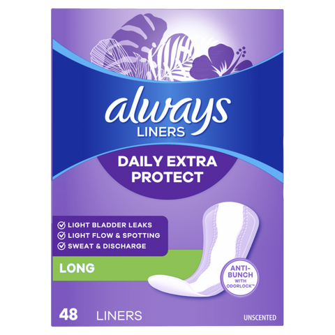Always Daily Extra Protect Liners, Long Length, Unscented Panty Liners, 48 Count CASE PK 6