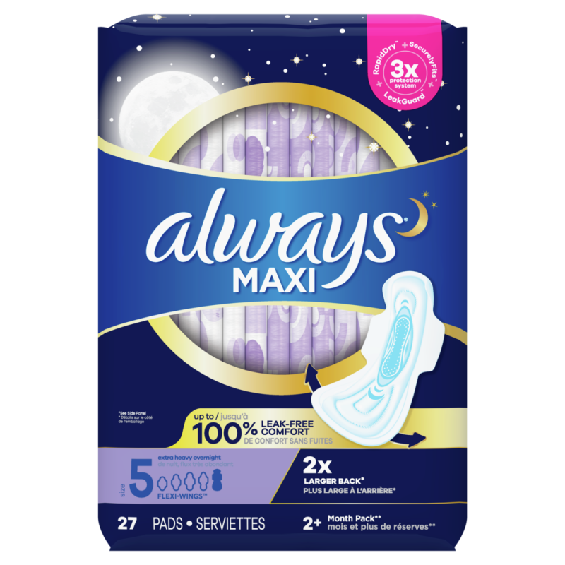 Always Maxi  Size 5 Overnight Absorbency Unscented with Wings, 27 Count CASE PACK  6
