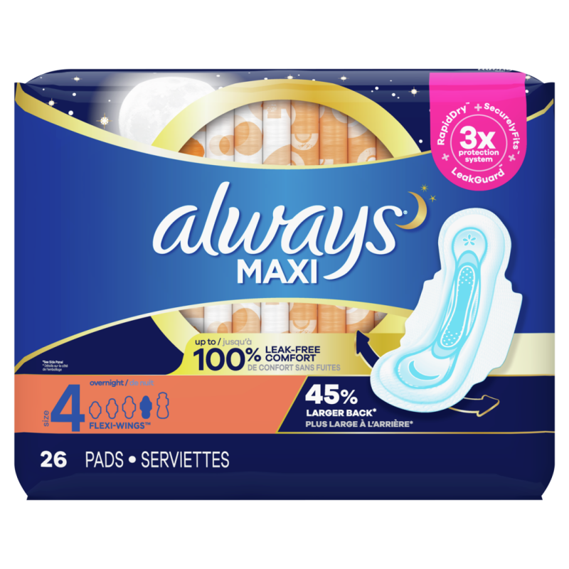 ALWAYS MAXI SIZE 4 OVERNIGHT PADS W/WINGS 26 COUNT CASE PACK 6