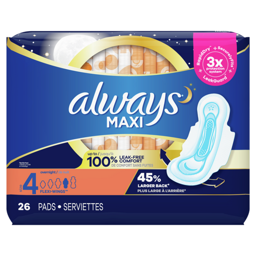 ALWAYS MAXI SIZE 4 OVERNIGHT PADS W/WINGS 26 COUNT CASE PACK 6
