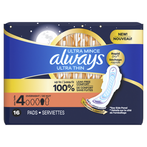ALWAYS ULTRA THIN OVERNIGHT PADS WITH WINGS, SIZE 4,16 CT CASE PK 12