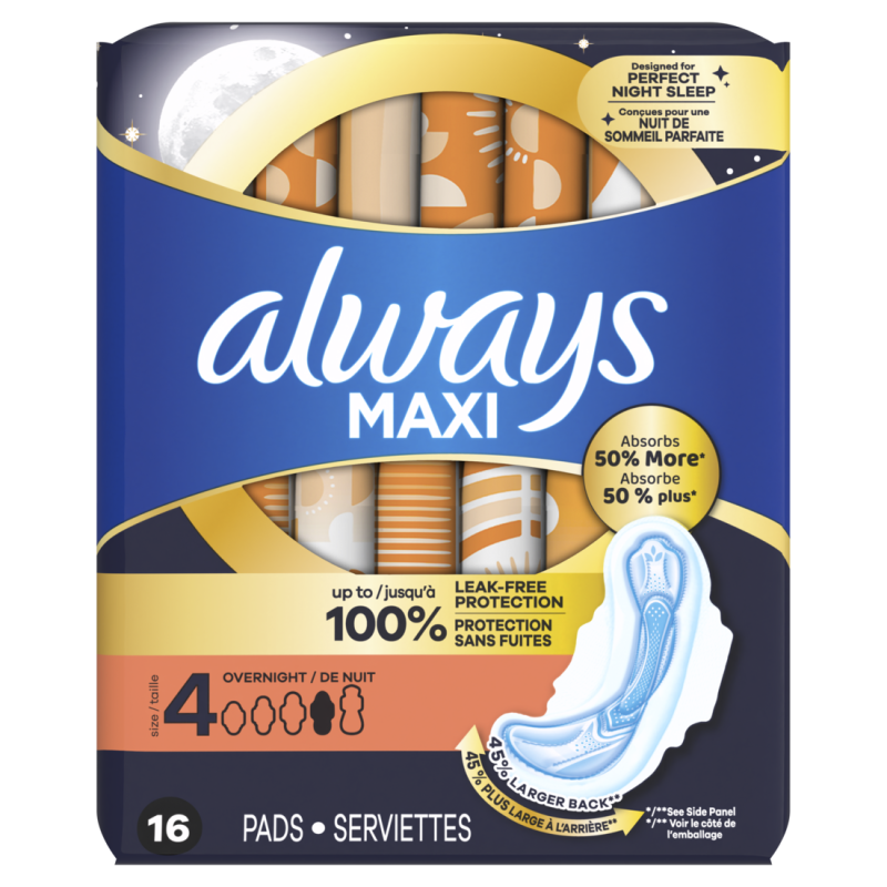 ALWAYS MAXI OVERNIGHT PADS WITH WINGS, SIZE 4,16 CT CASE PK 12