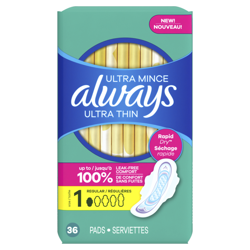 Always Ultra Thin Feminine Pads with Wings, Size 1,  Unscented, 36 Count CASE PK 6