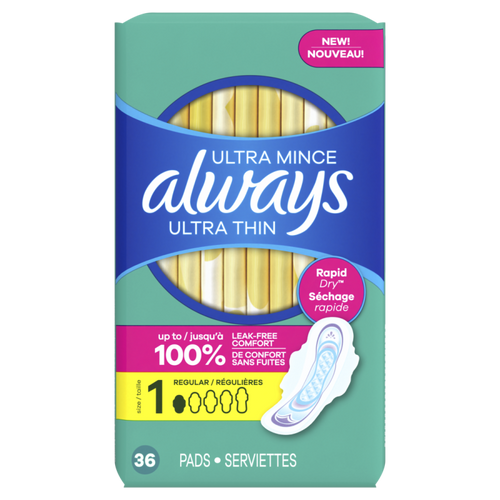 Always Ultra Thin Feminine Pads with Wings, Size 1,  Unscented, 36 Count CASE PK 6