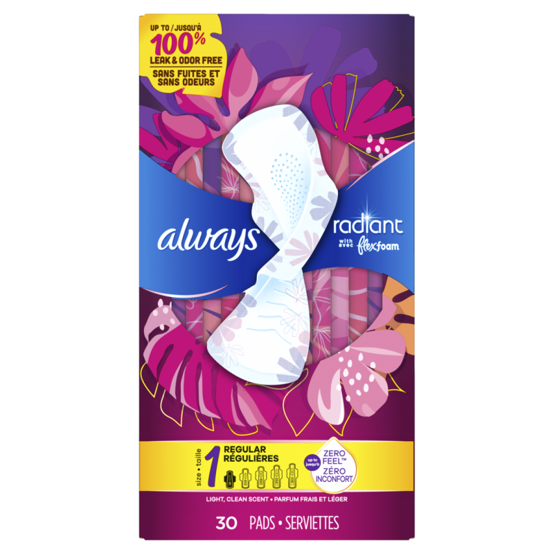 Always Radiant with FlexFoam Pads, Size 1, Regular, W- Wings, Light Clean Scent, 30CT CASE PK 6