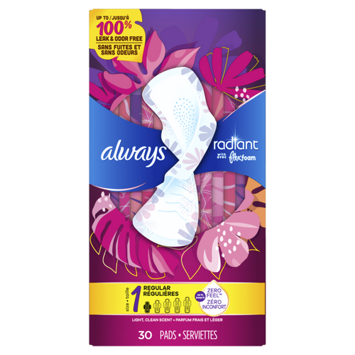 Always Radiant with FlexFoam Pads, Size 1, Regular, W- Wings, Light Clean Scent, 30CT CASE PK 6
