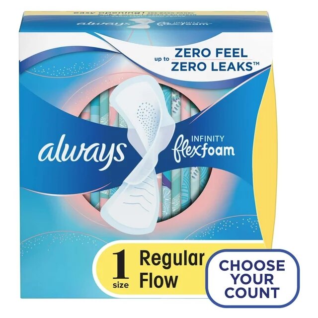 Always Infinity Feminine Pads, Size 1 Regular, with wings,18 ct CASE PK 12