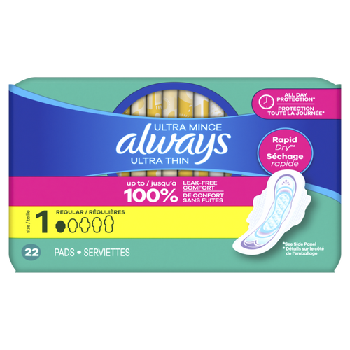 ALWAYS ULTRA  THIN  PADS WITH WINGS SIZE 1 22CT. CASE PK 12
